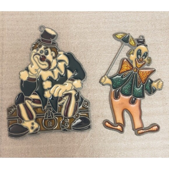 VTG Tiffany Style Stained Glass Sun Catchers Pewter Frame Circus Clowns Set of 2 - Picture 4 of 9